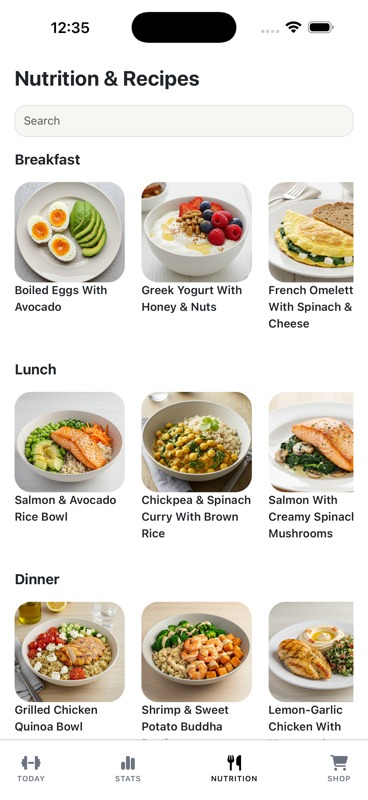 LYAAQA app Nutrition and Recipes screen with breakfast, lunch and dinner options