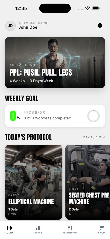 LYAAQA app Today screen showing the active PPL plan and weekly goal